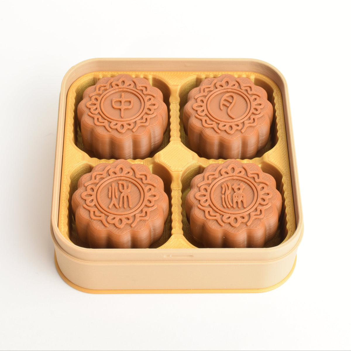 Top view of a cute mooncake gift box with 4 individual mooncake fidget clickers showing chinese characters ”月满中秋“