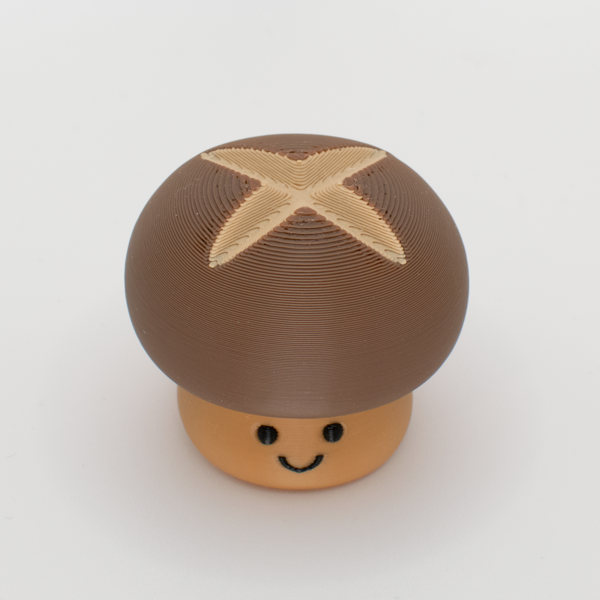 Top view of a mushroom clicker showing the round cap and a cross cute