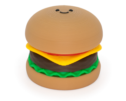 fidget clicker designed as a burger with tomato, cheese, beef patty and lettus with a clickable top bread