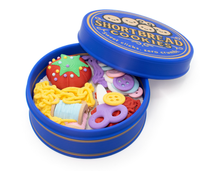 Cute sewing kit cookie tin fidget clicker with tiny sewing supplies and a nostalgic blue tin design
