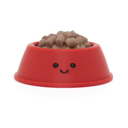 fidget clicker styled as a red pet bowl with a smiley face filled with dog food on a white background