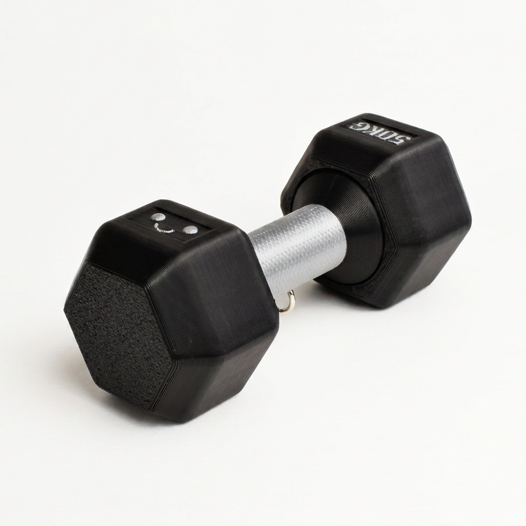 A single hexagonal dumbbell with black textured rubber looking ends and a silver metal handle, photographed on a clean white background.