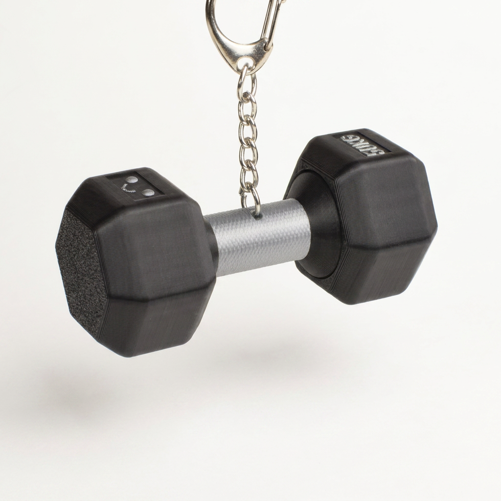 A miniature black dumbbell-shaped fidget clicker keychain with a silver metal handle and a silver split ring on a white background.