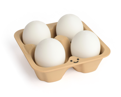 A four-piece cardboard egg carton clicker holding four white eggs, photographed on a clean white background.