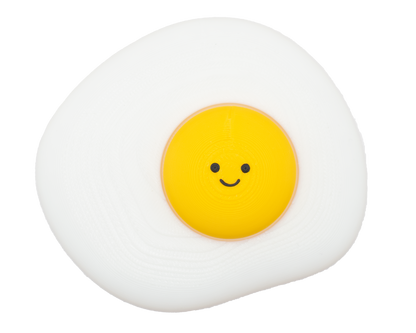 Cute fried egg fidget clicker desk buddy with a cheerful smile and clicky yolk
