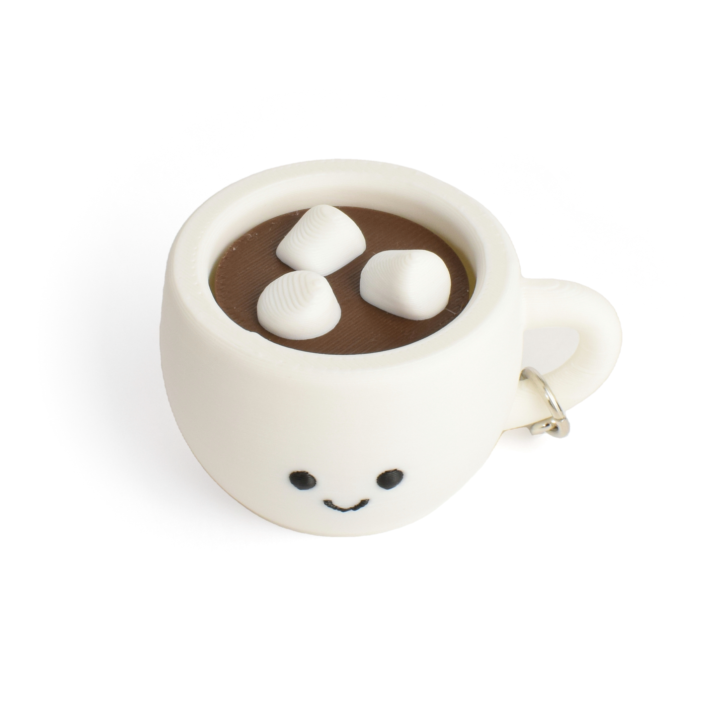 fidget clicker styled as a hot chocolate with marshmallows in a white mug with a smiley face on a white background