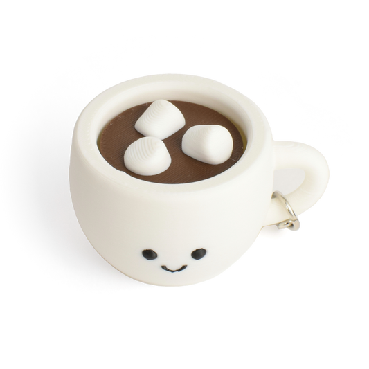 fidget clicker styled as a hot chocolate with marshmallows in a white mug with a smiley face on a white background