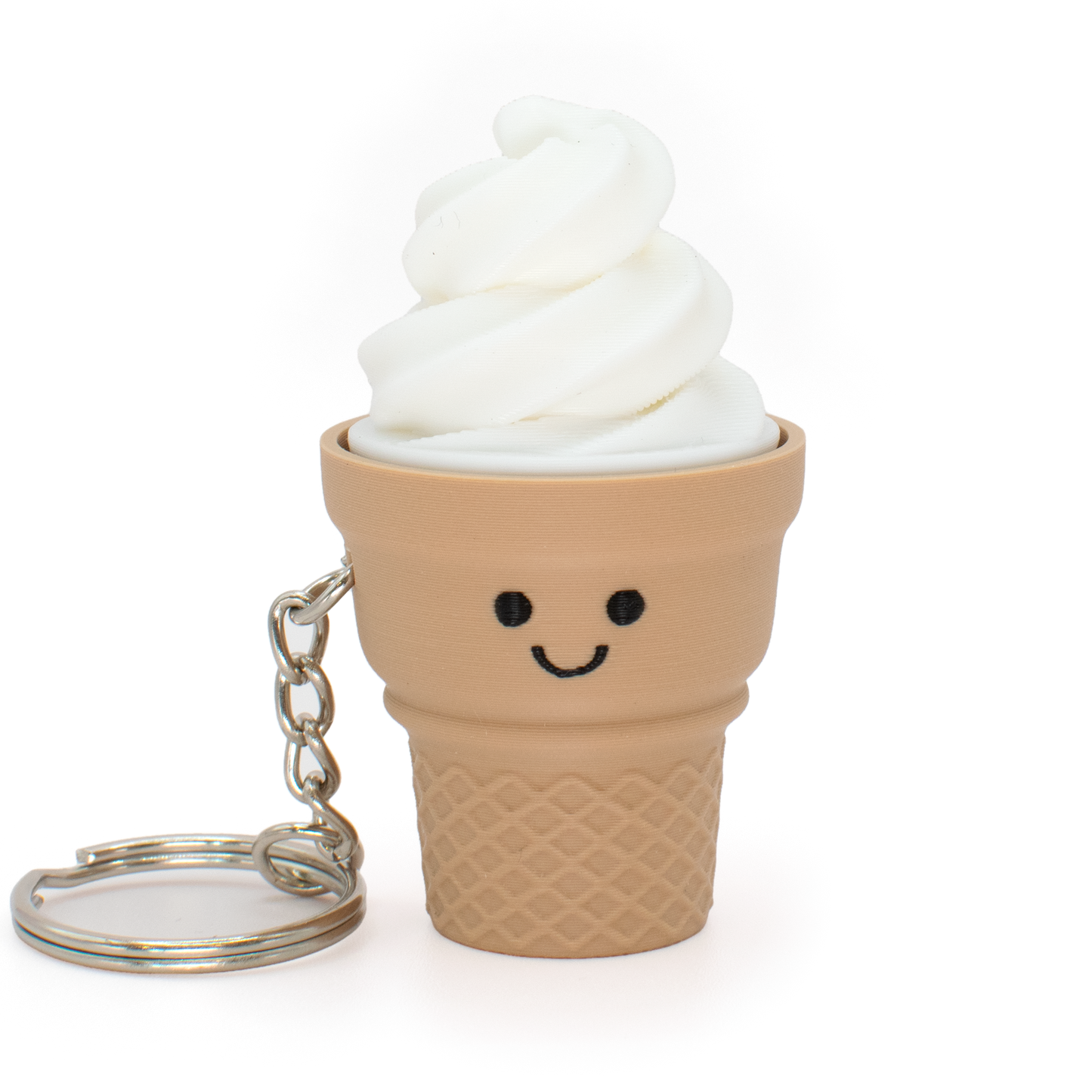 An ice cream cone clicker keychain with a smiling face, featuring white soft-serve swirl details and a waffle-cone base, attached to a silver metal keyring on a white background.