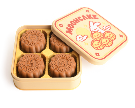 Open mooncake fidget gift box showing 4 clickable mooncakes and festive box lid design