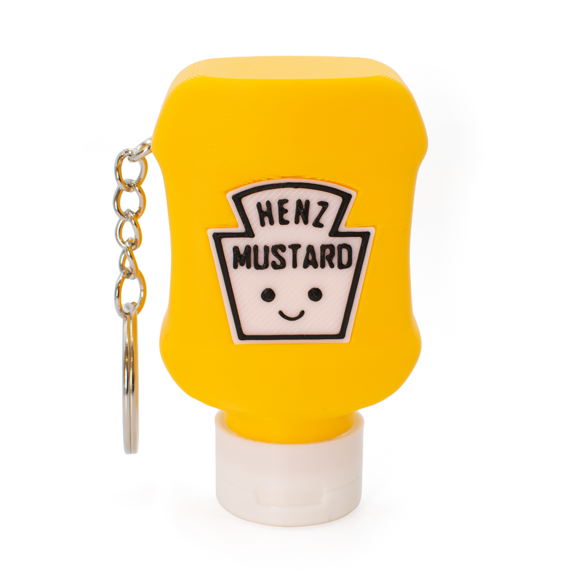 Yellow mustard bottle fidget clicker keychain with a smiley face label on a white background