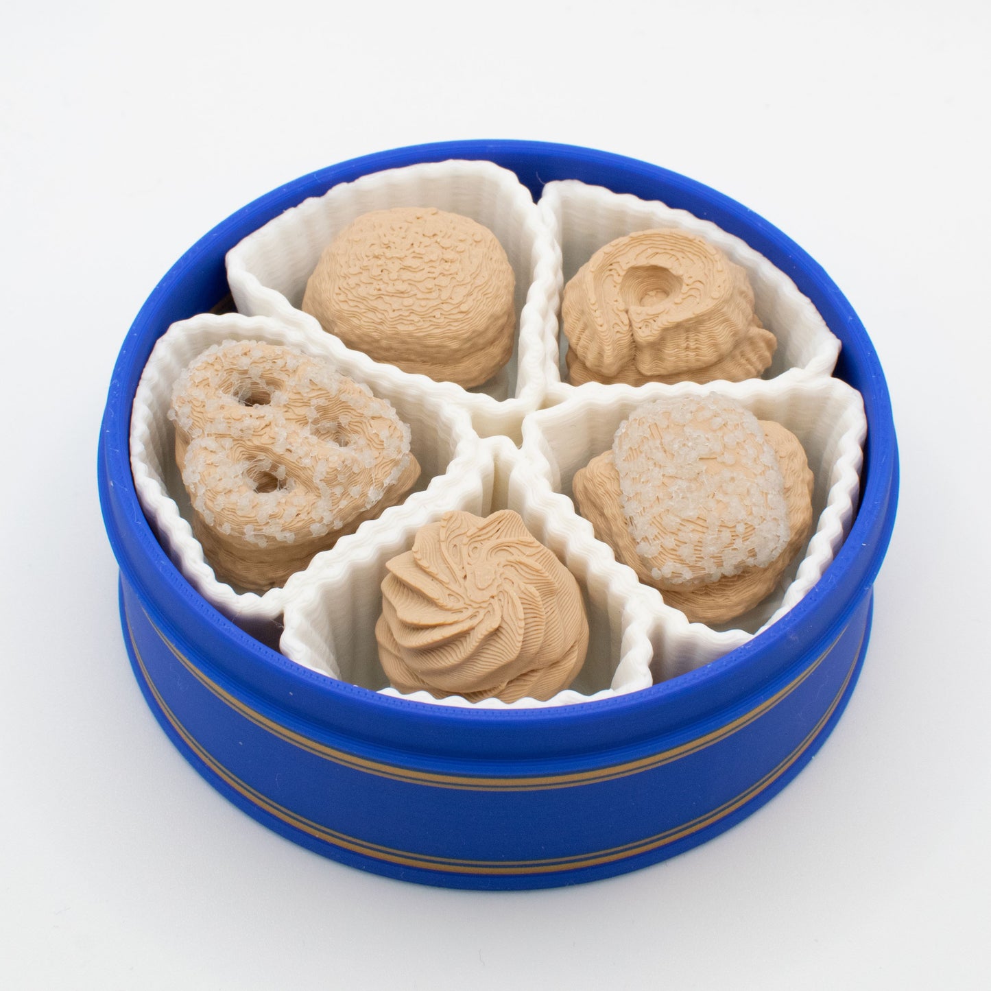 Cute cookie tin fidget clicker toy showing the details of the five cookies