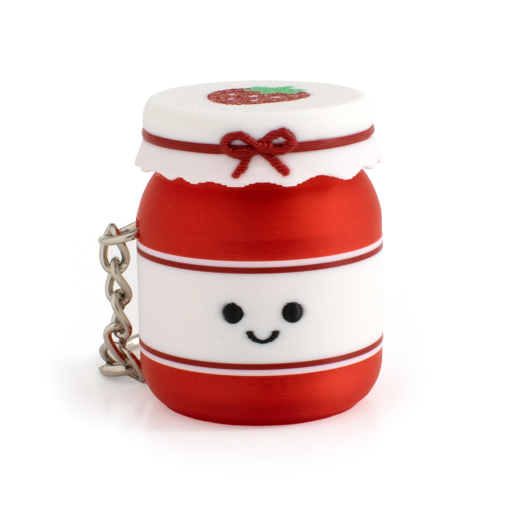 Cute strawberry jam fidget clicker keychain with a smiling face and tiny jar design