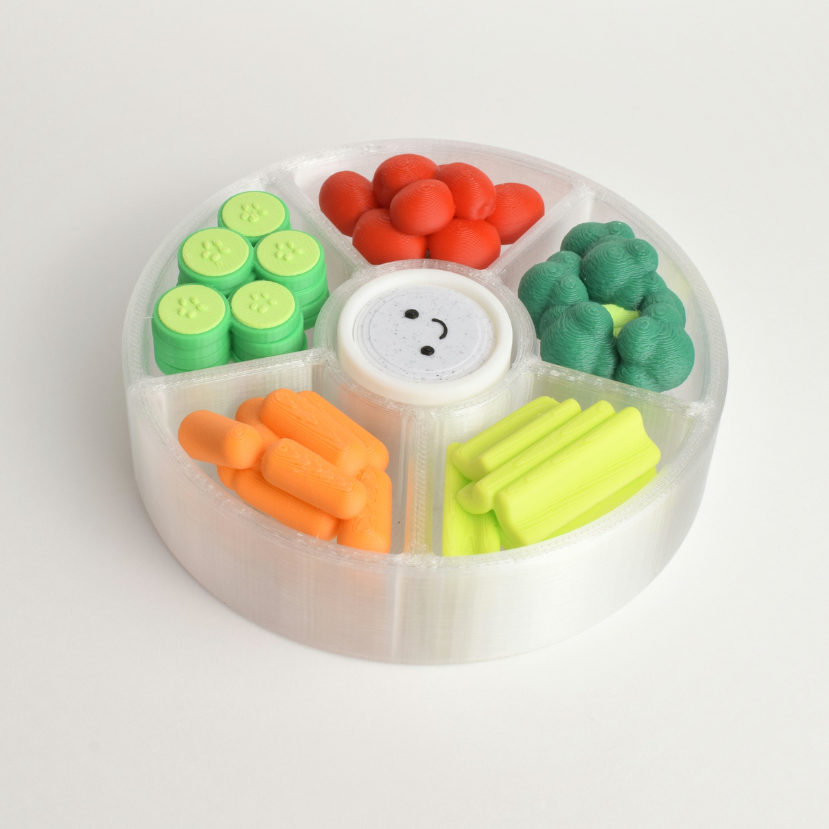 Side view of an original veggie platter mechanical switch fidget toy